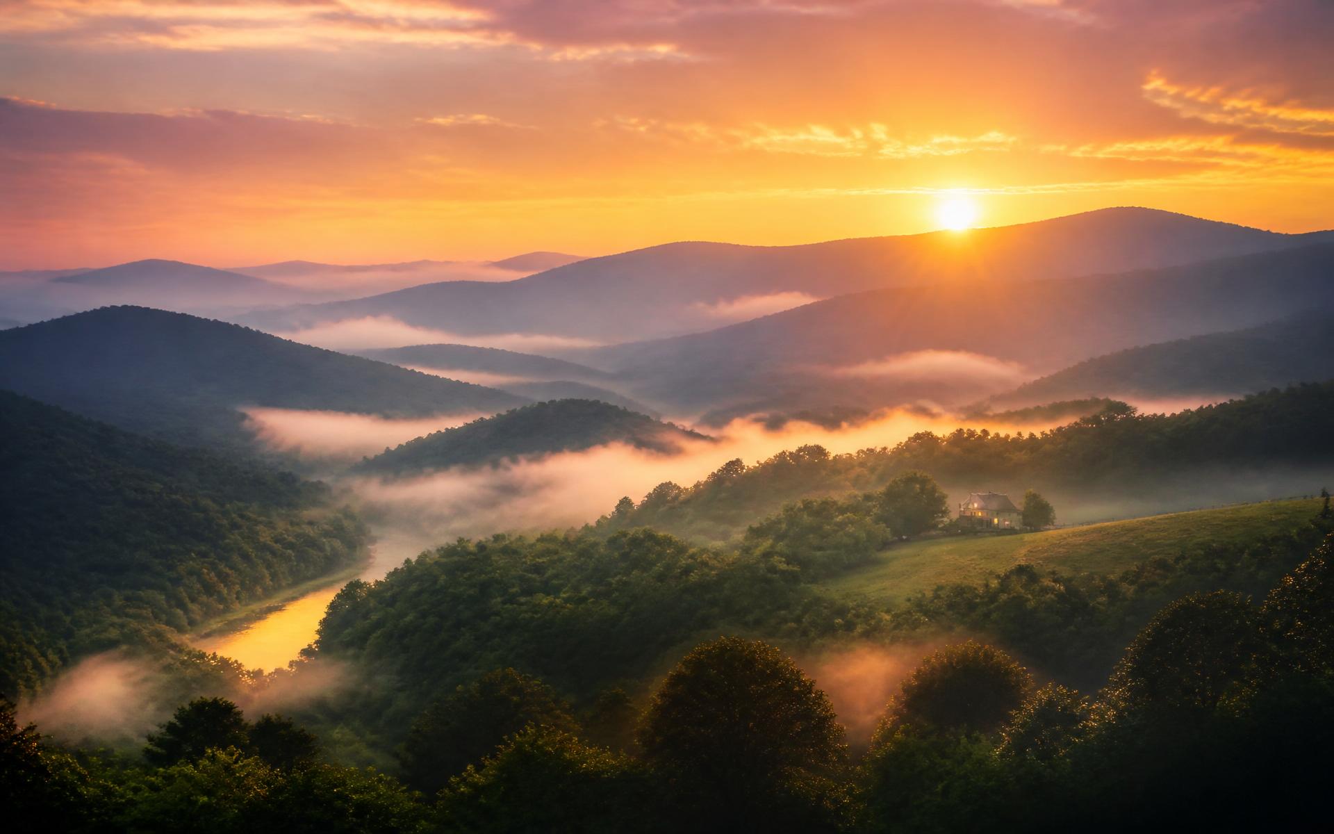 First light breaking over misty Appalachian ridges in West Virginia